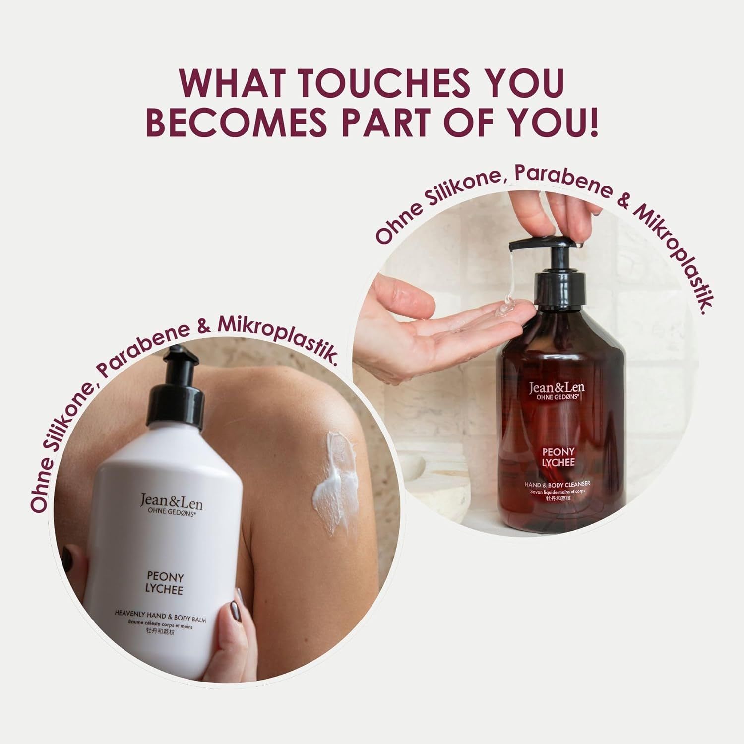 Due flaconi con dosatore. Testo: Peony Lychee. Logo Jean & Len. Senza siliconi, parabeni e microplastiche.
