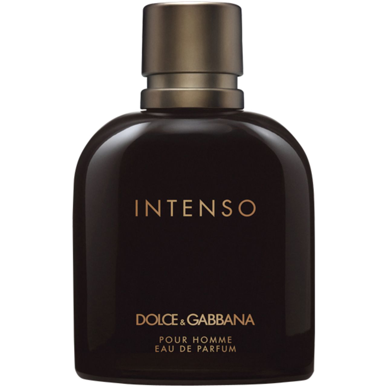 Flacone di profumo marrone scuro con tappo dorato. Scritta 'Intenso' e 'Dolce & Gabbana'.