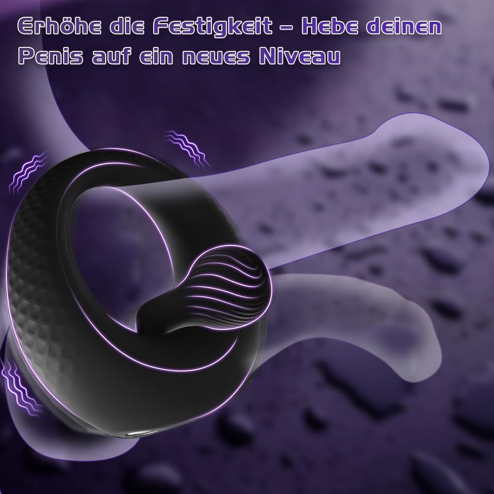 Anello fallico nero con perle e vibrazioni. L'anello circonda un pene. Sfondo viola con onde.