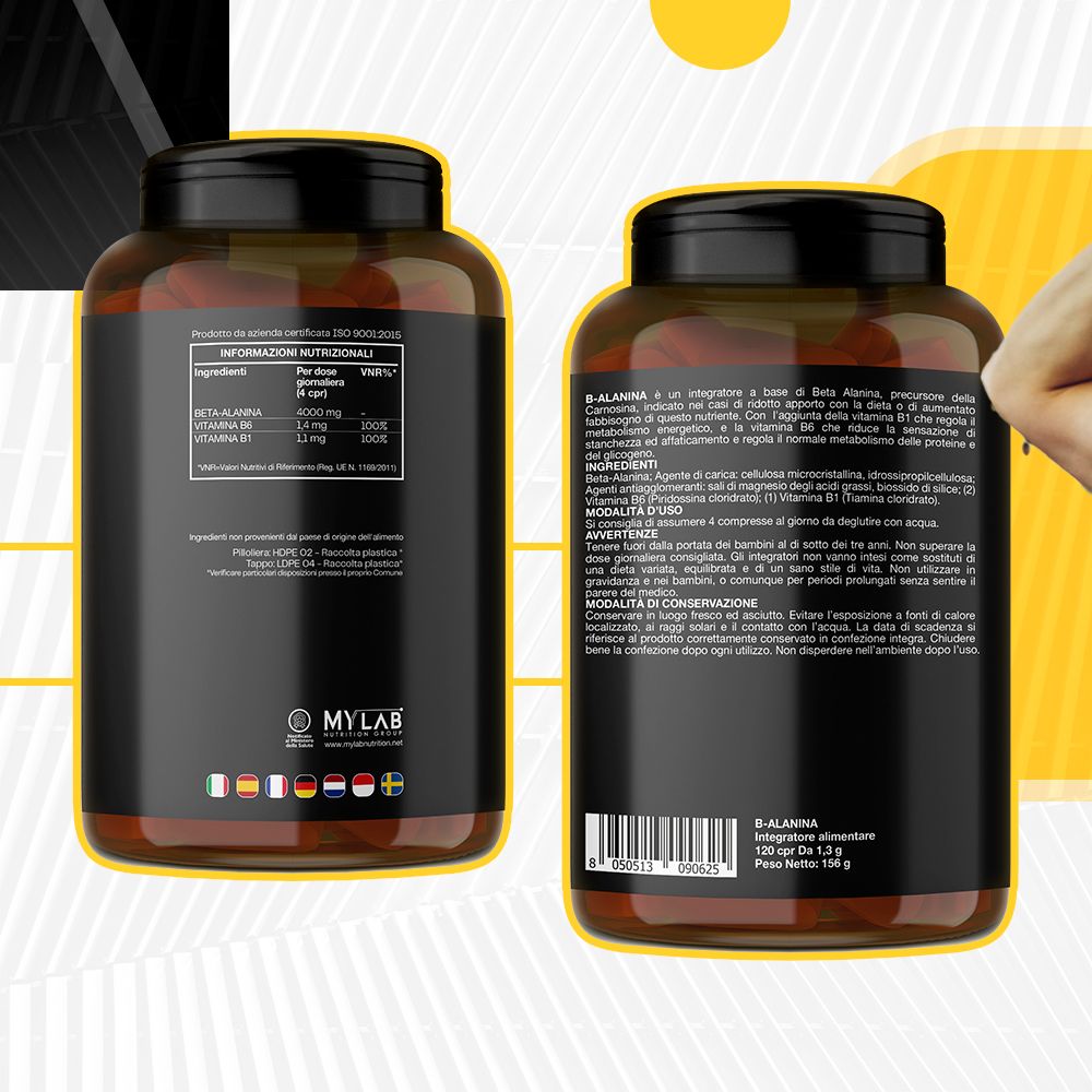 Due flaconi 3-ALANINA. Retro con informazioni nutrizionali e ingredienti. Scritta: MYLAB. Diverse bandiere.