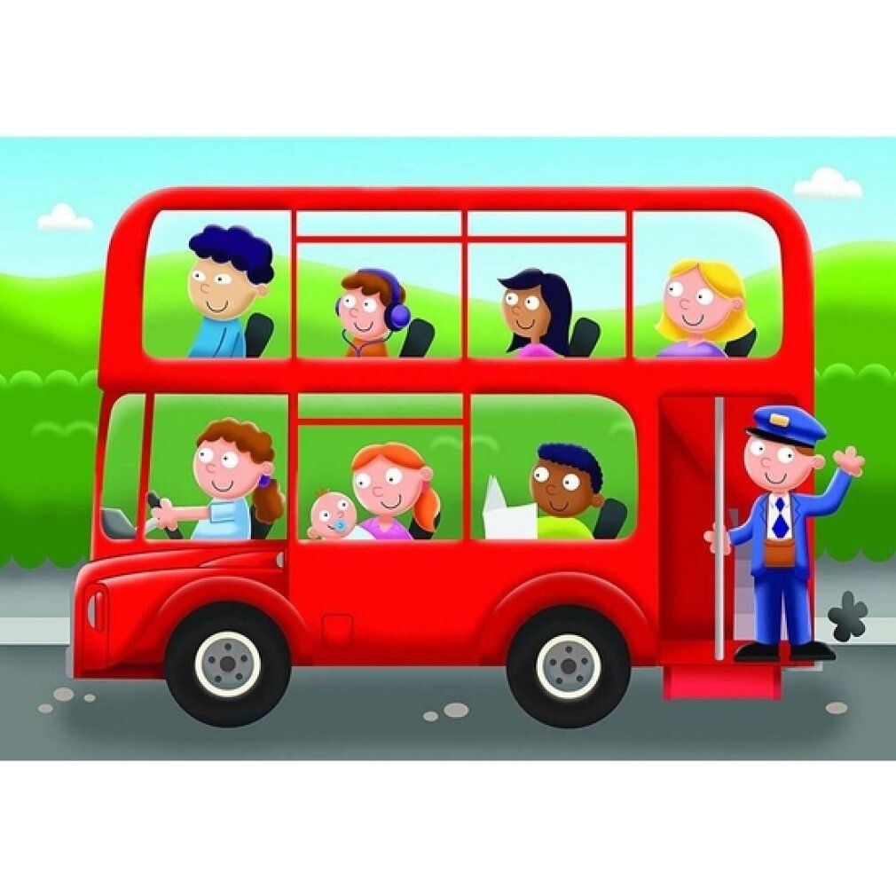 Autobus a due piani rosso con passeggeri. Un autista è in piedi alla porta. Sfondo: colline verdi.