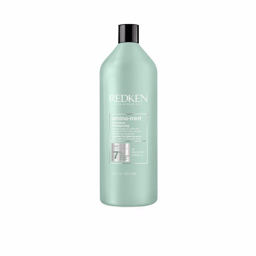 Flacone di shampoo verde chiaro con tappo nero. Scritta Redken, amino-mint Shampoo. pH 7.