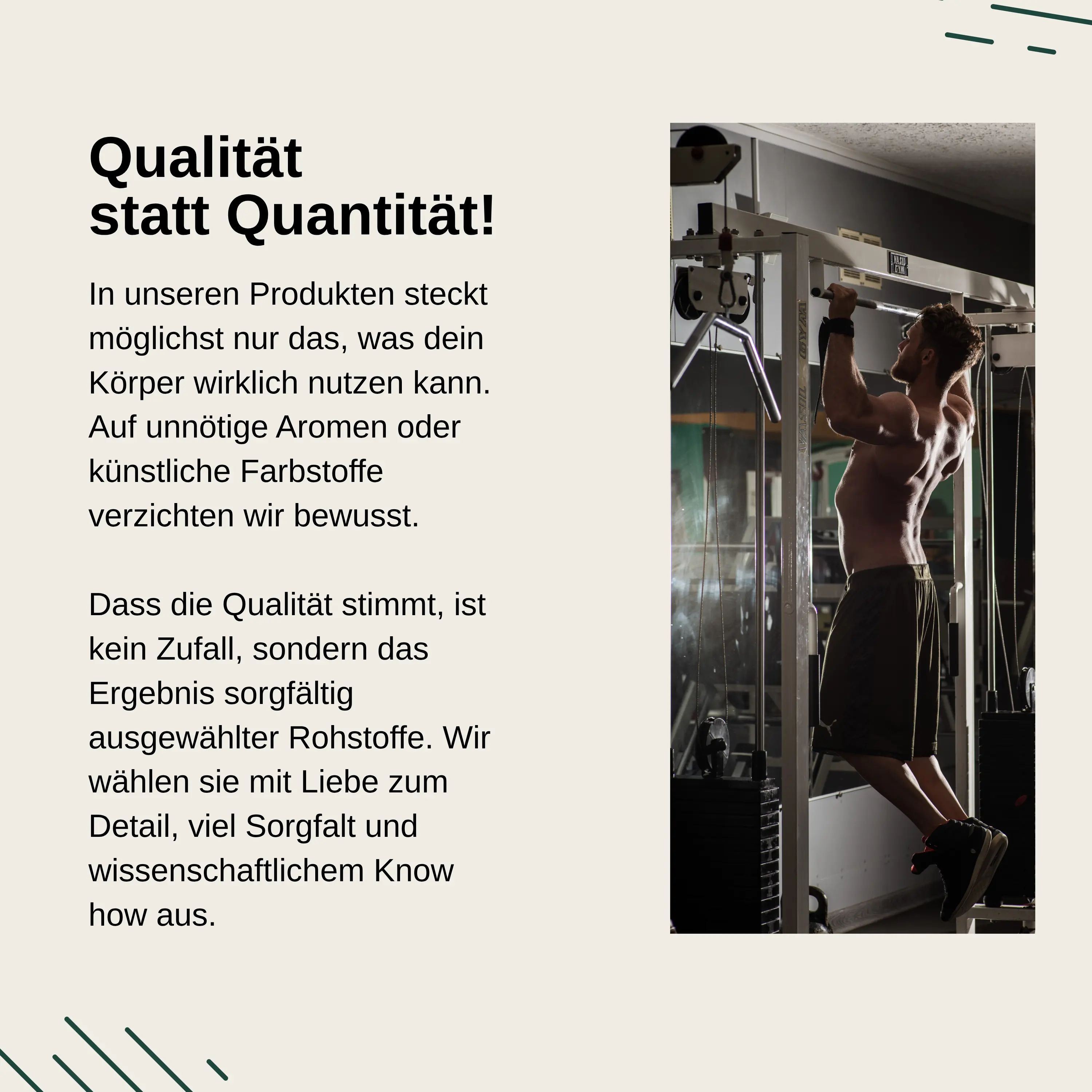 Un uomo fa trazioni in palestra. Vita Elements punta sulla qualità anziché sulla quantità.