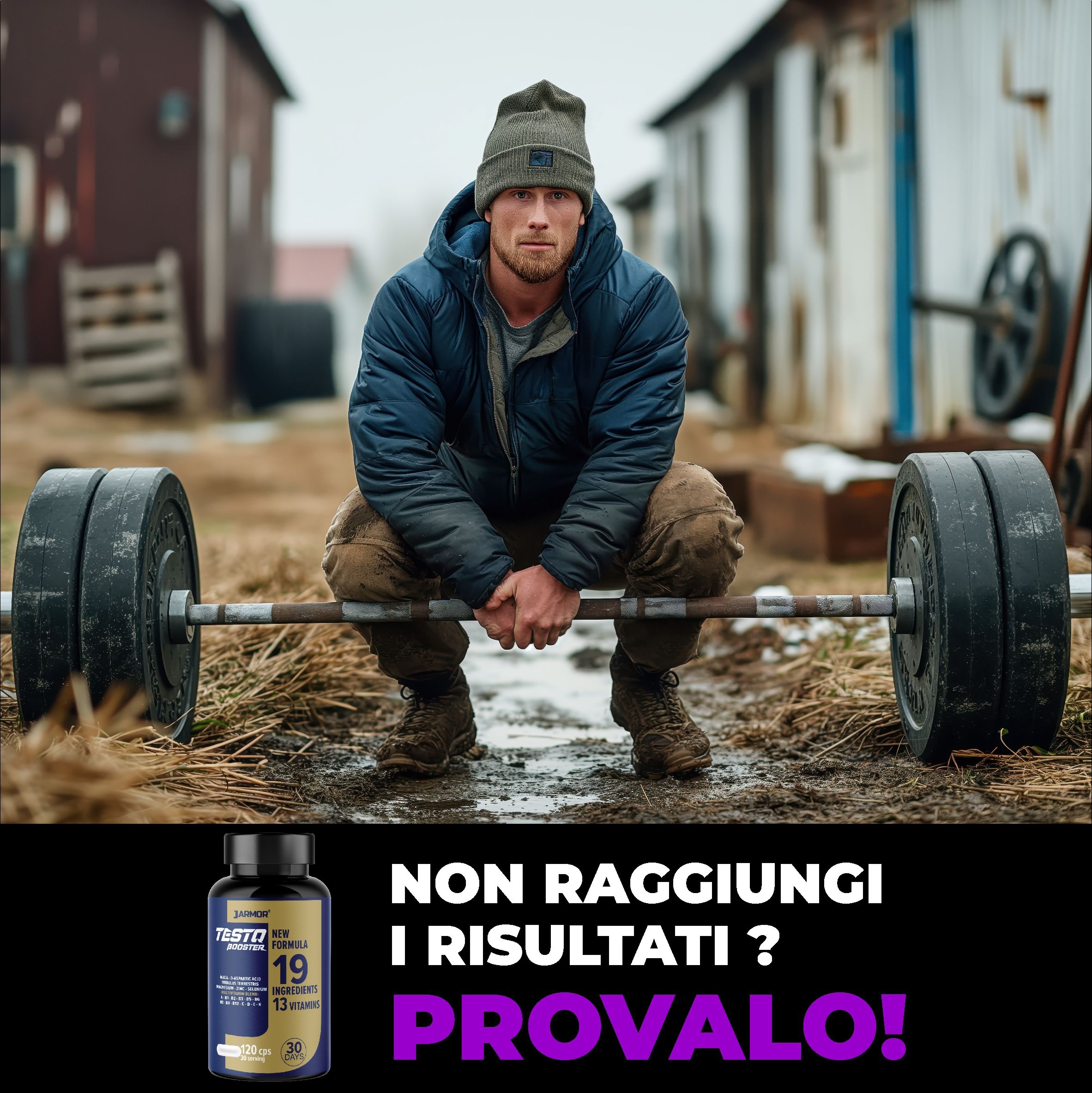 Uomo accovacciato davanti ai pesi, flacone del prodotto in primo piano. Testo: "Non raggiungi i risultati? Provalo!"