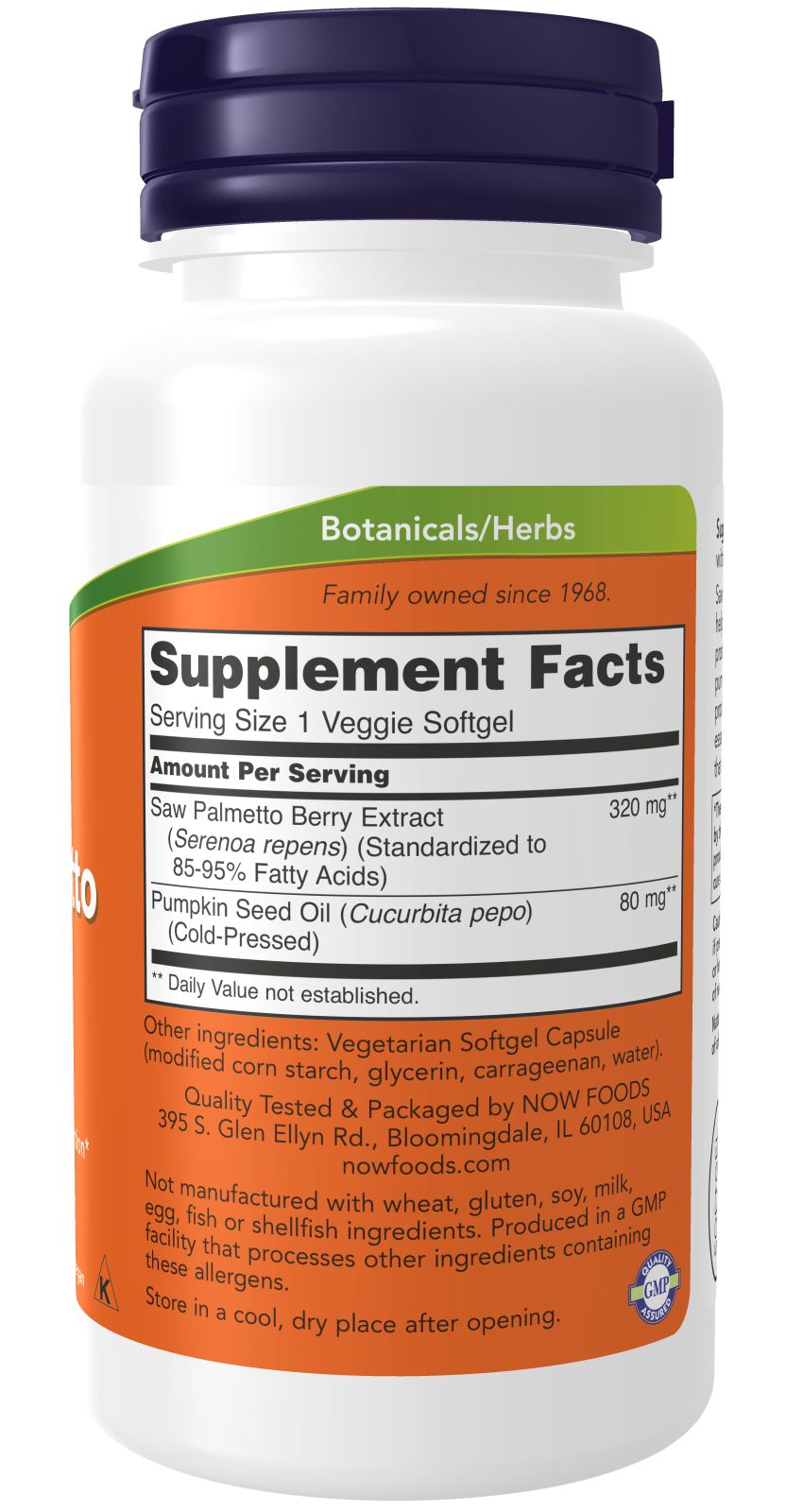 Retro di un flacone bianco con tappo blu. Etichetta arancione con informazioni sul prodotto. Scritta: Saw Palmetto Berry Extract 320 mg.