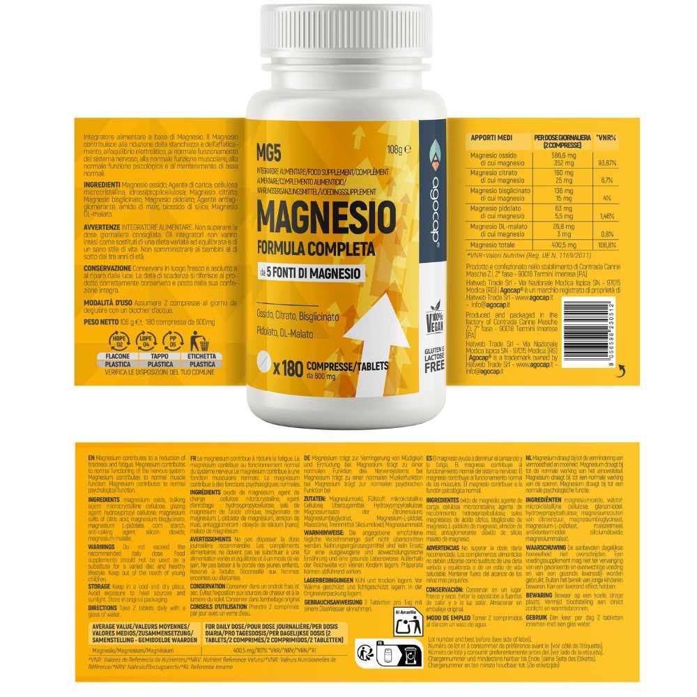 Flacone con etichetta e testo. Testo: MG5 Magnesio, formula completa, 5 fonti di magnesio, 180 compresse.