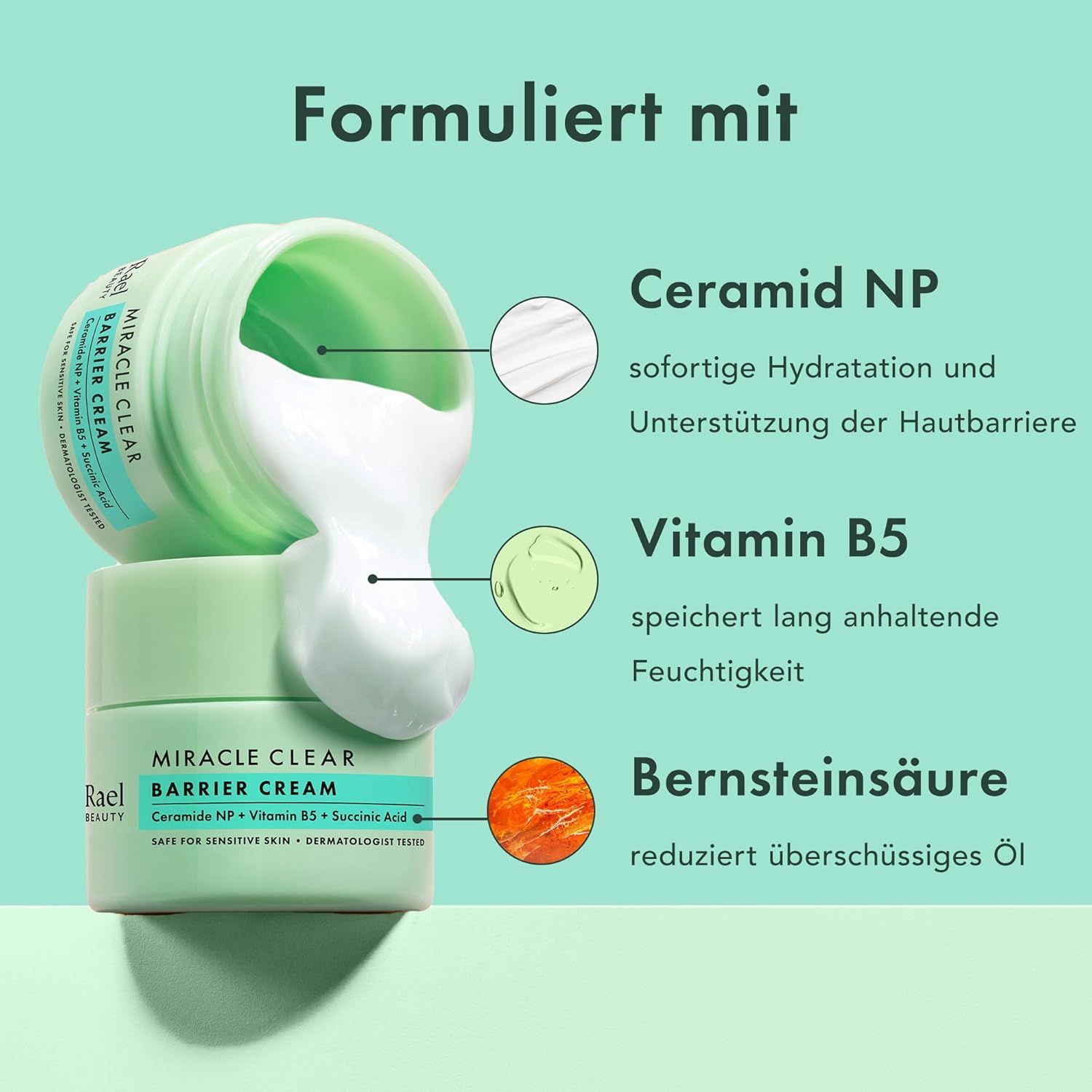 Vasetto di crema e ingredienti. Testo: Ceramide NP, Vitamina B5, Acido succinico. Idratazione, umidità, riduce l'olio.