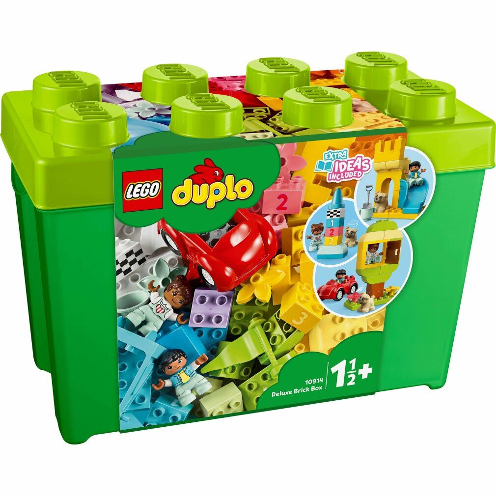 Scatola di mattoncini Deluxe LEGO DUPLO verde con coperchio. Contiene mattoncini, personaggi e accessori. Idee di gioco illustrate.