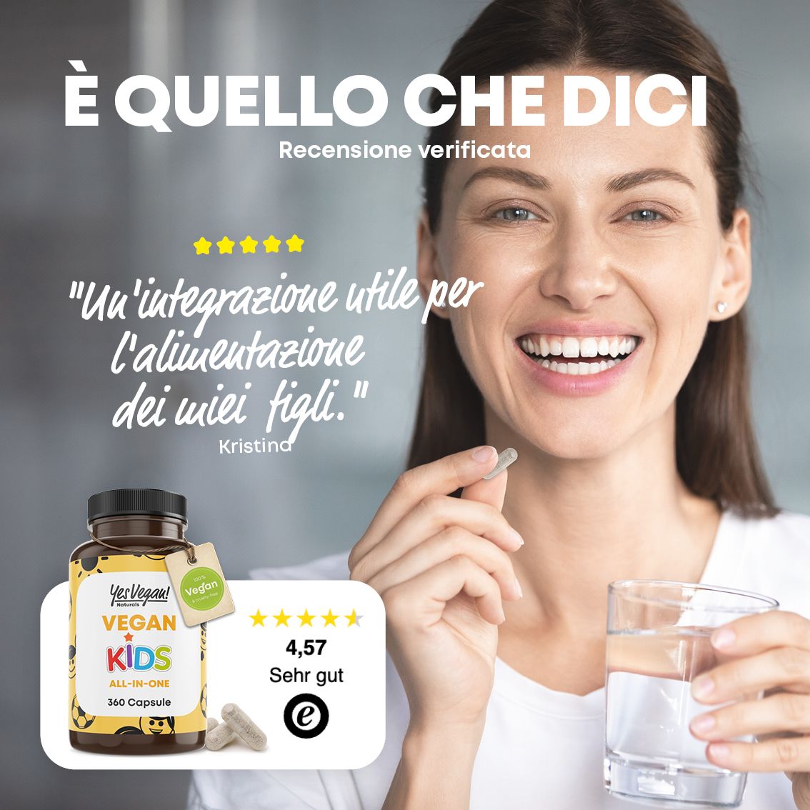 Donna che assume una capsula, flacone e recensione visibili.