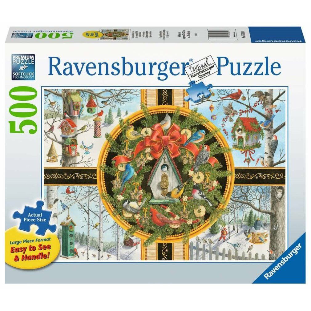Scatola puzzle con motivo di uccelli e paesaggio invernale. Puzzle Ravensburger, 500 pezzi. Confezione blu e bianca con logo e testo.