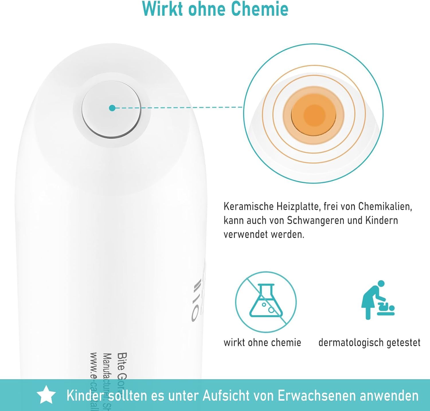 LeaderPro, dispositivo per punture d'insetti. Bianco, con piastra riscaldante in ceramica. Testo: Senza chimici, dermatologicamente testato.