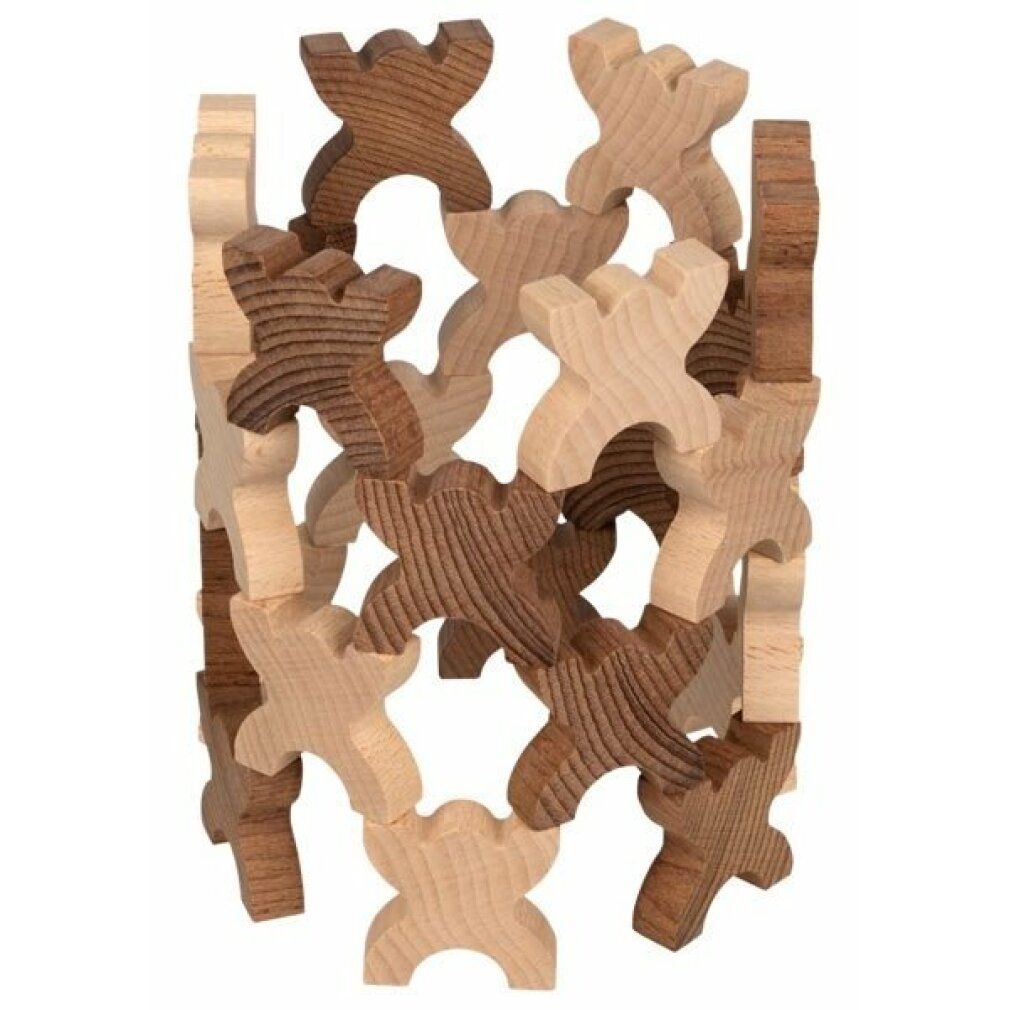 Figure in legno chiaro e marrone scuro, assemblate a cilindro. Forma a X, per un gioco di equilibrio.