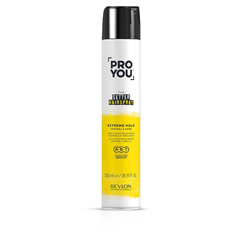 Bomboletta spray per capelli bianca e nera. Scritta: PRO YOU, THE SETTER HAIRSPRAY, EXTREME HOLD. Marca: Revlon.