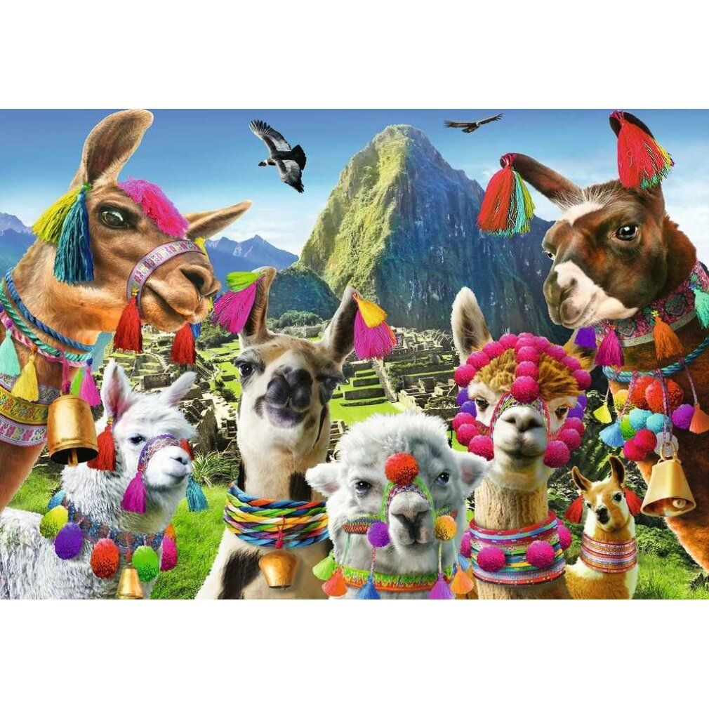 Puzzle da 99 pezzi. Motivo: lama davanti a un paesaggio montano. Senza confezione. Scritta non visibile.