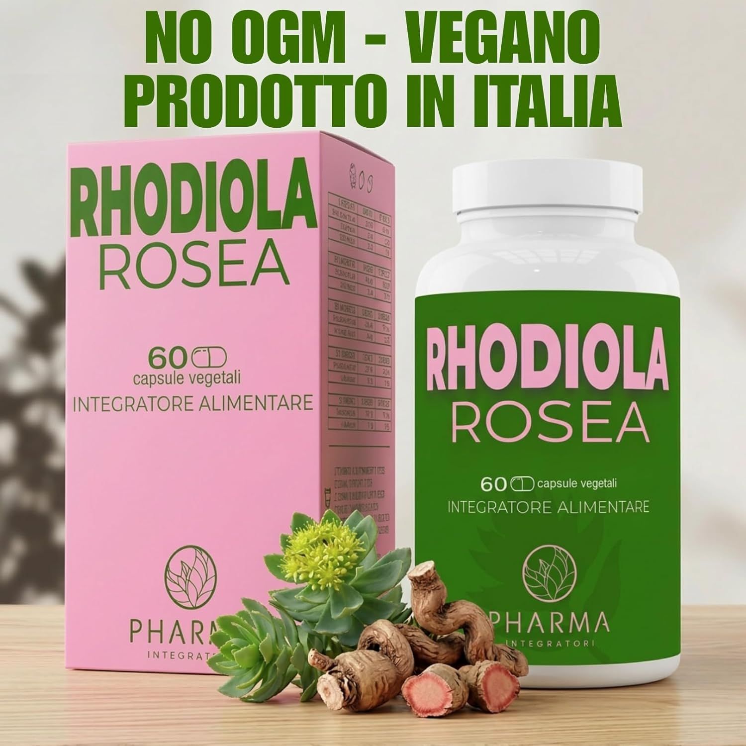Confezione e flacone. Testo: RHODIOLA ROSEA. Testo: NO OGM - VEGANO. Prodotto in Italia. Piante e radici.