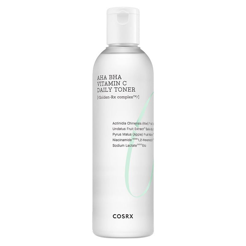 Flacone trasparente con tappo bianco. Scritta: AHA BHA Vitamin C Daily Toner. Marchio: COSRX.