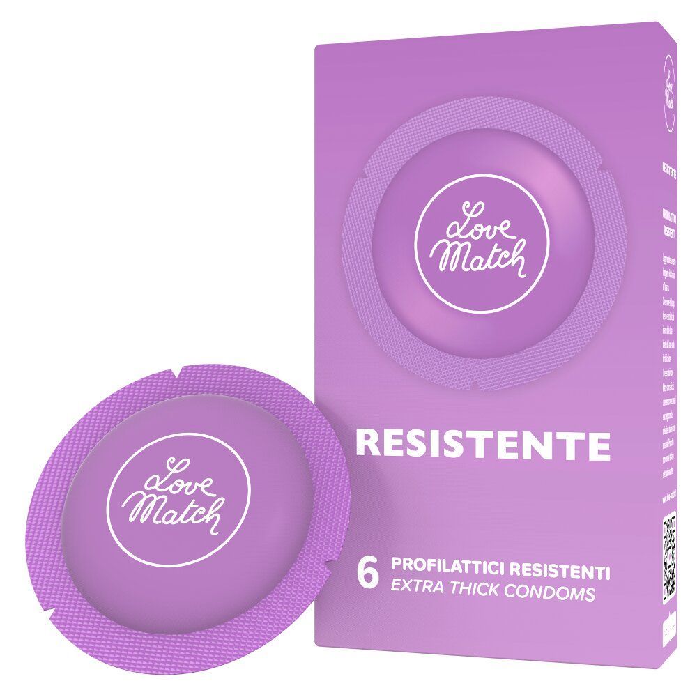 Confezione di sei profilattici e un profilattico singolo. Scatola viola con logo e scritta.