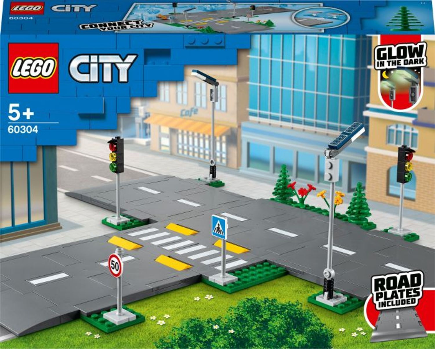 Set di piattaforme stradali LEGO City. Include piattaforme, semafori, segnali stradali e edifici. Confezione con logo.