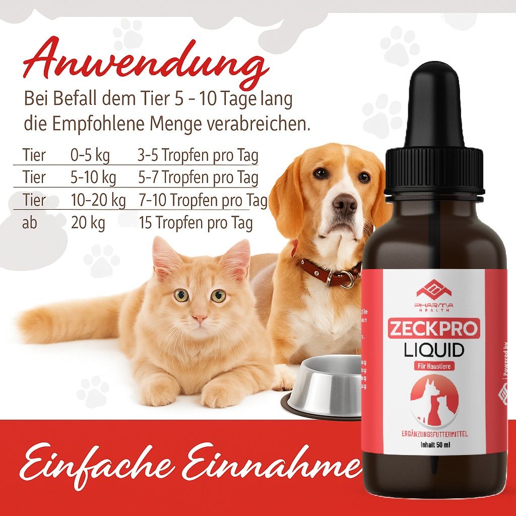 Flacone marrone con tappo nero e pipetta. Etichetta rossa con testo: Zeckpro Liquid. Gatto e cane accanto a una ciotola.
