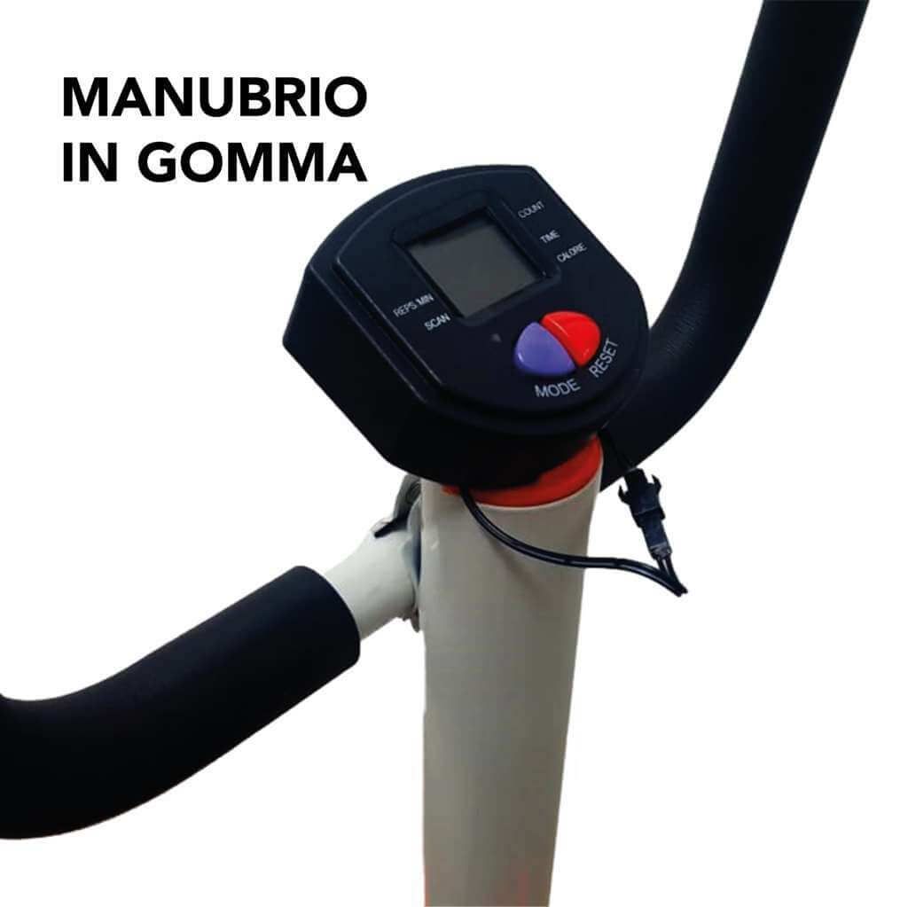 Display digitale dello stepper fitness. Display nero con pulsanti. Maniglie nere. Testo: MANUBRIO IN GOMMA.