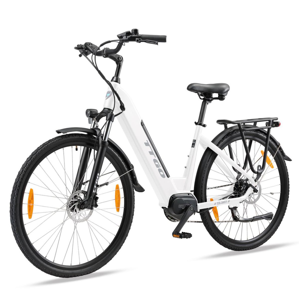 E-bike bianca con pneumatici neri e portapacchi. Logo TTGO sul telaio.