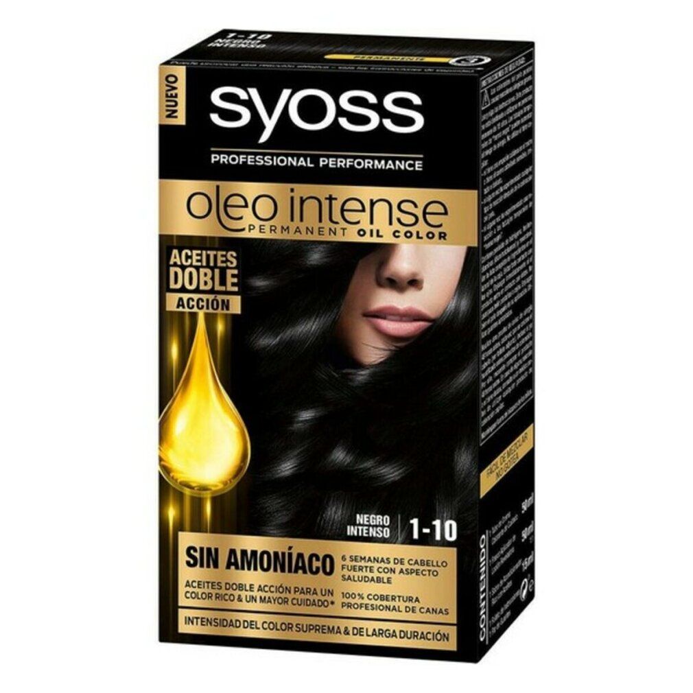 Syoss Oleo Intense 1-10, tinta per capelli nera. Confezione con immagine e testo. Senza ammoniaca.