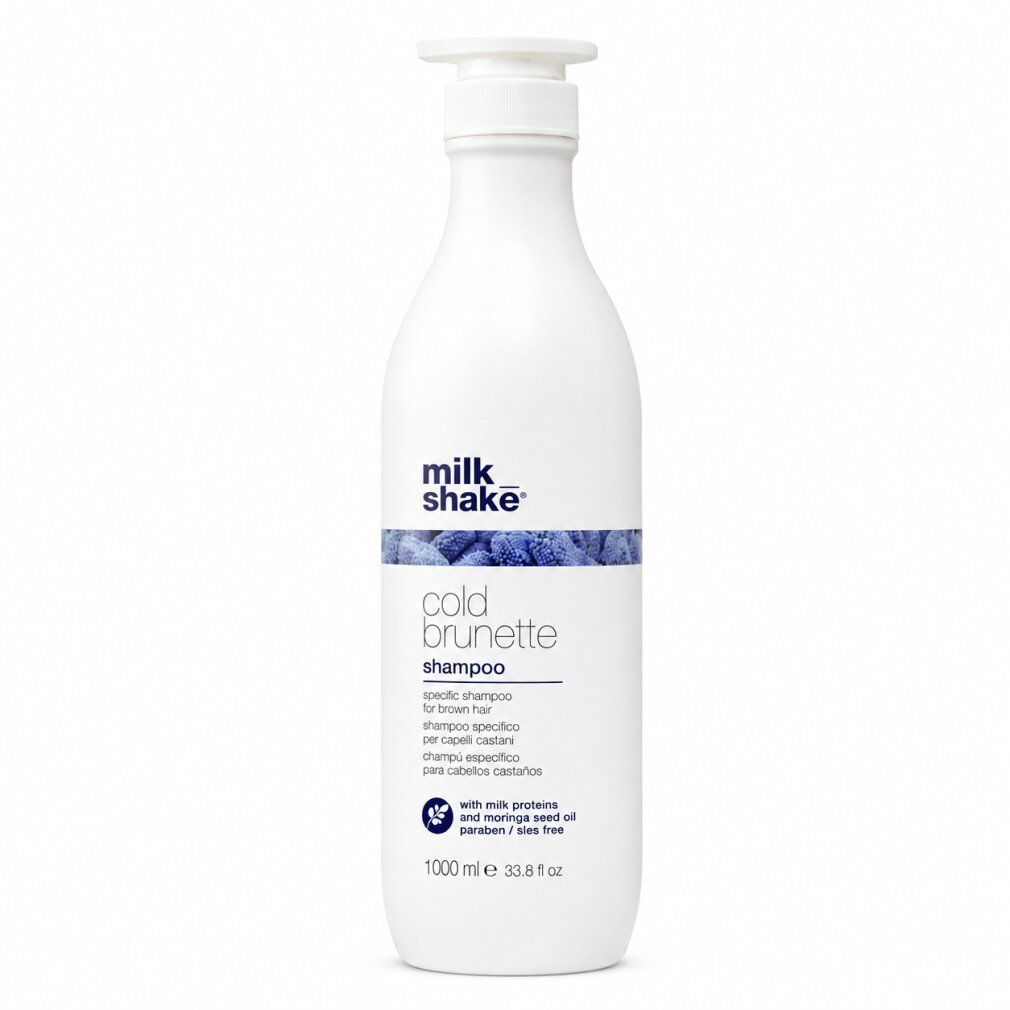Flacone bianco con pompa Milk Shake Cold Brunette Shampoo per capelli castani. Contiene 1000 ml.