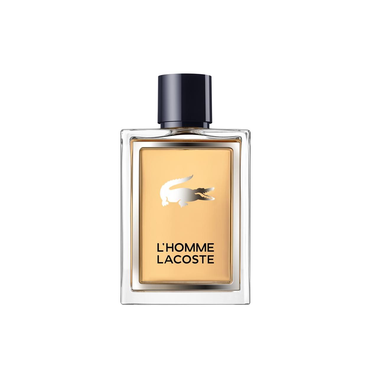 Flacone rettangolare di L'Homme Lacoste EdT. Logo coccodrillo argentato su sfondo beige. Tappo nero. Nome del prodotto in basso.