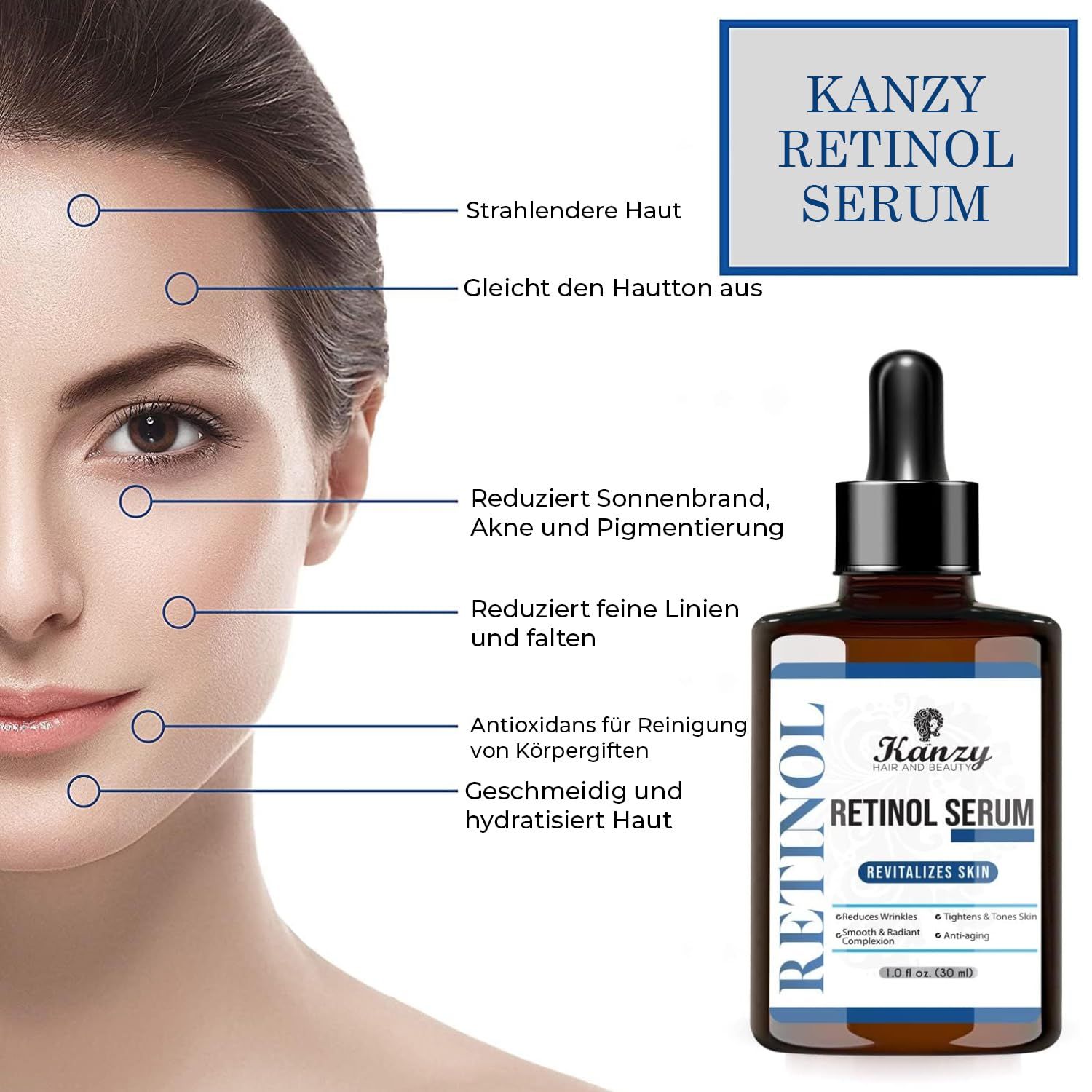 Donna con flacone di siero al retinolo. Scritta: KANZY Retinol Serum. Segni sul viso. Scritta: Riduce le rughe, uniforma il tono della pelle.