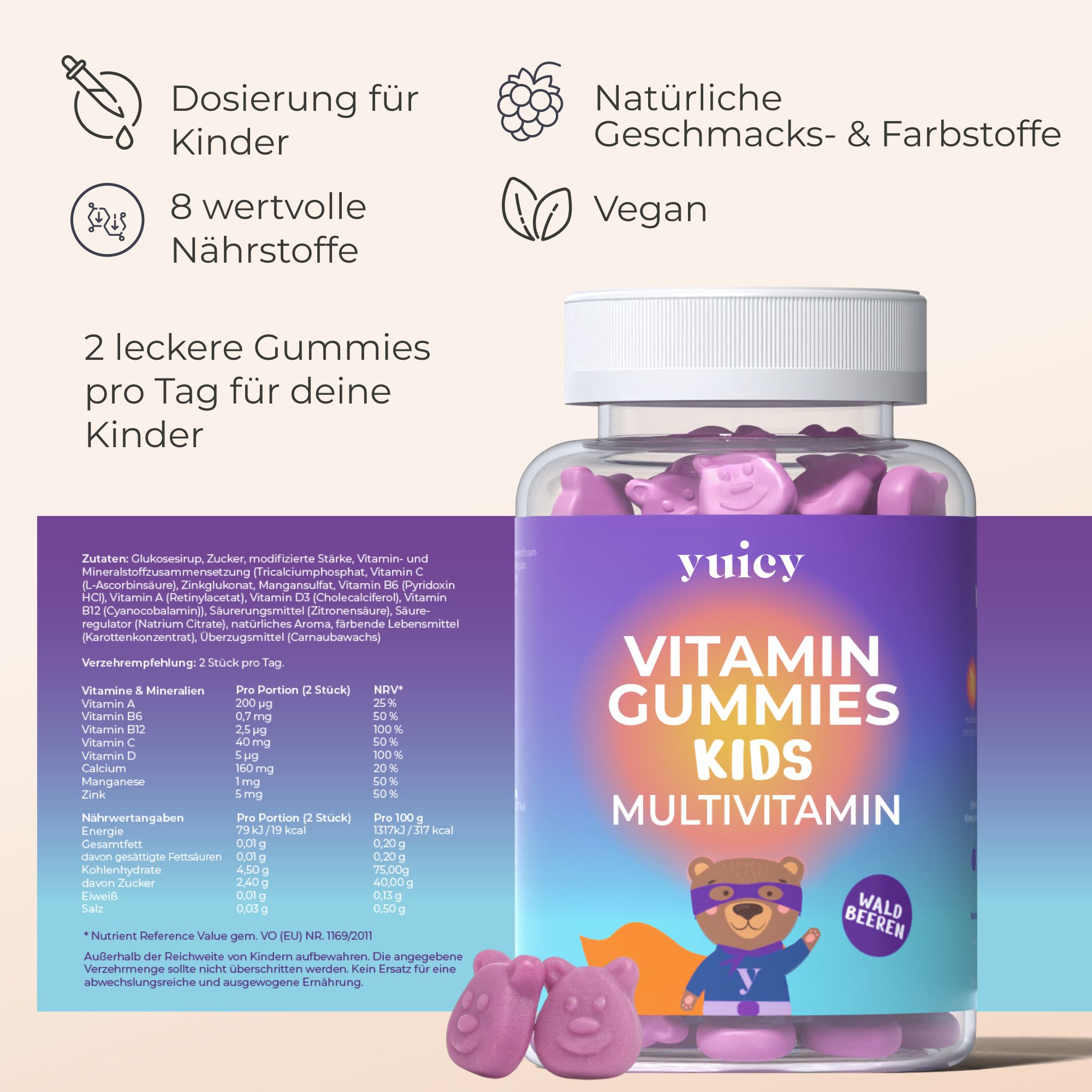 Bottiglia yuicy® Vitamin Gummies Kids. Testo: Vitamin Gummies Kids Multivitamin. Icone: Dosaggio per bambini, 8 nutrienti preziosi, vegano. Orsetti gommosi.