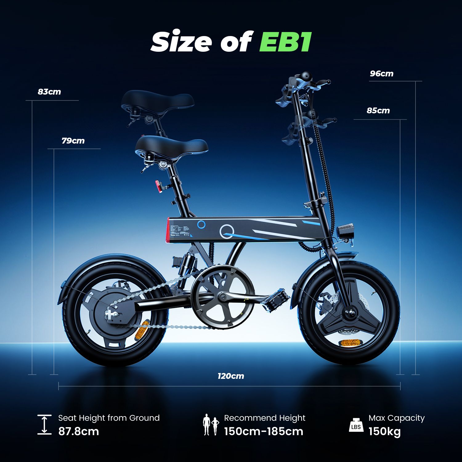 E-bike nera, dimensioni: 120 cm lungo, 96 cm alto, 83 cm largo. Altezza sella 87,8 cm. Altezza consigliata 150-185 cm. Max. 150 kg.