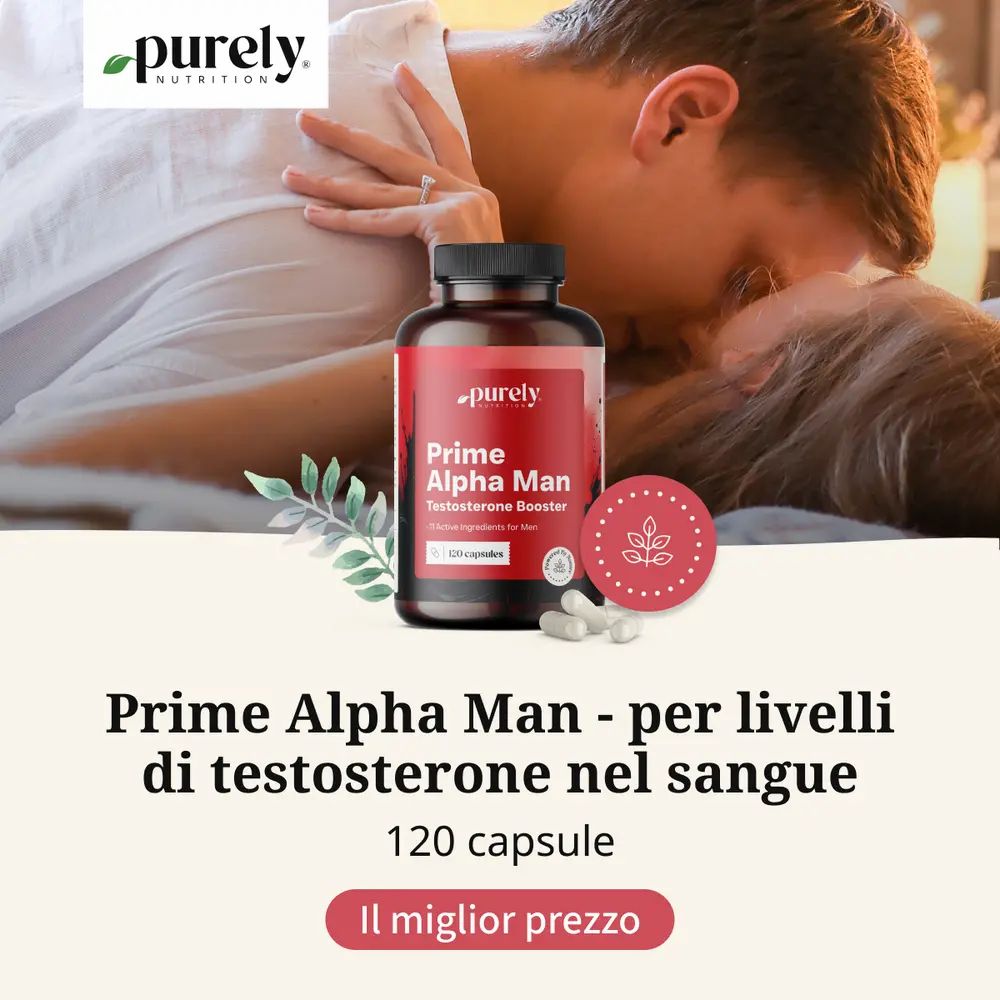 Flacone Prime Alpha Man, 120 capsule. Coppia che si bacia sullo sfondo. Adesivo rotondo con foglia.