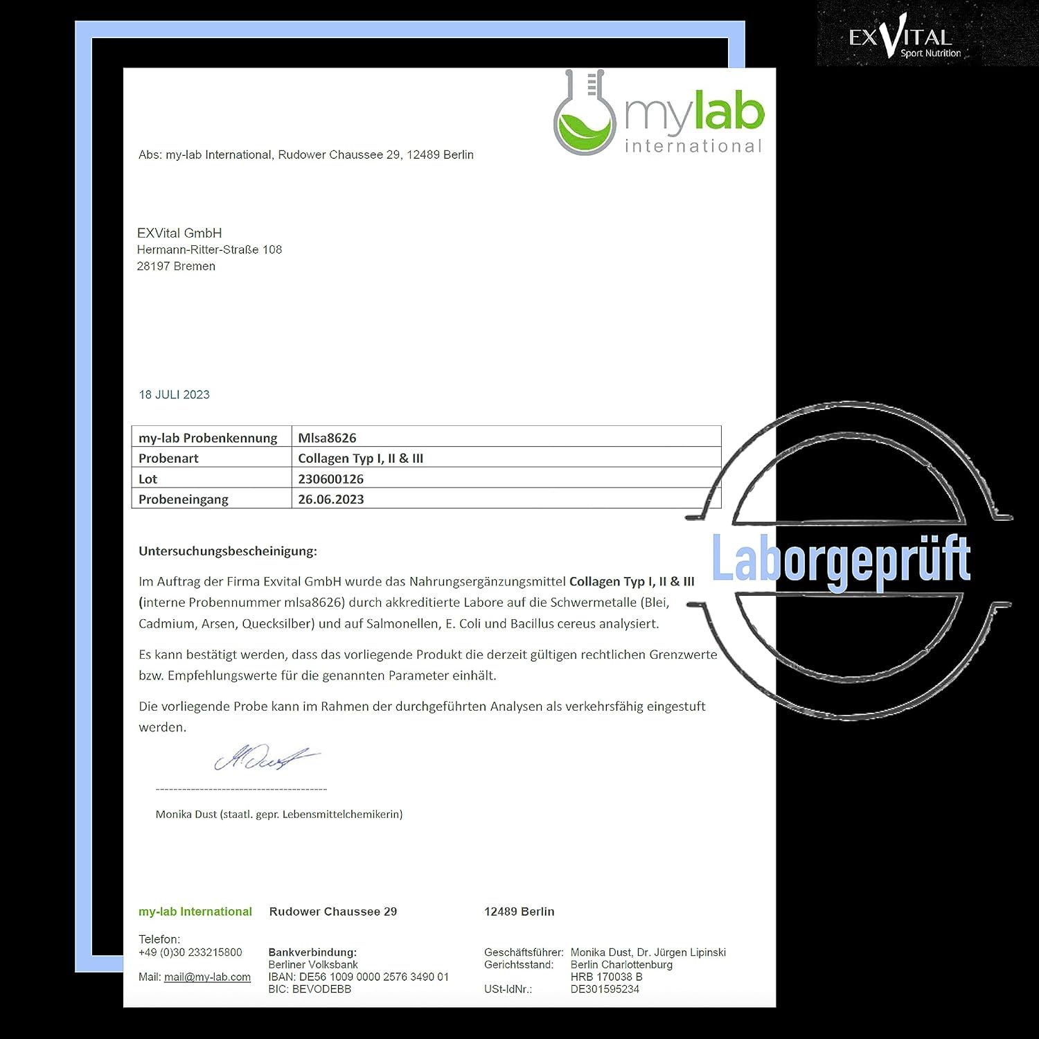 Certificato di mylab International, testato in laboratorio. Contiene informazioni su EXVital Collagen Pulver, tipo I, II & III.