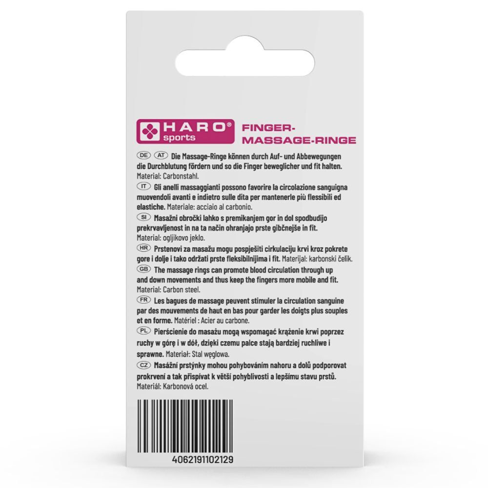 Retro della confezione Haro Fingermassage-Ringe. Testo multilingue, nome del prodotto e logo.