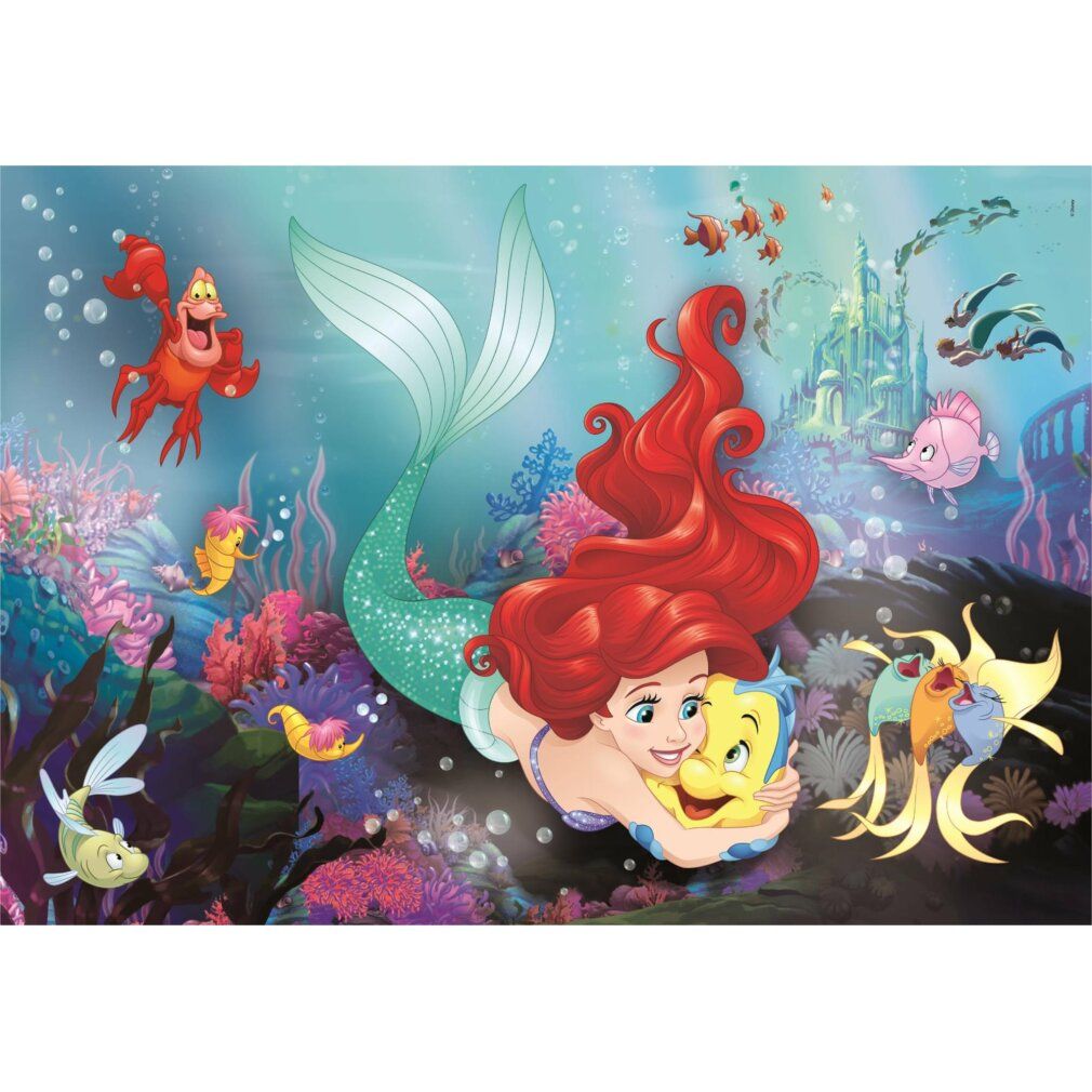 Puzzle con Ariel e pesce. Scena sottomarina con pesci, granchio e castello. 24 pezzi.