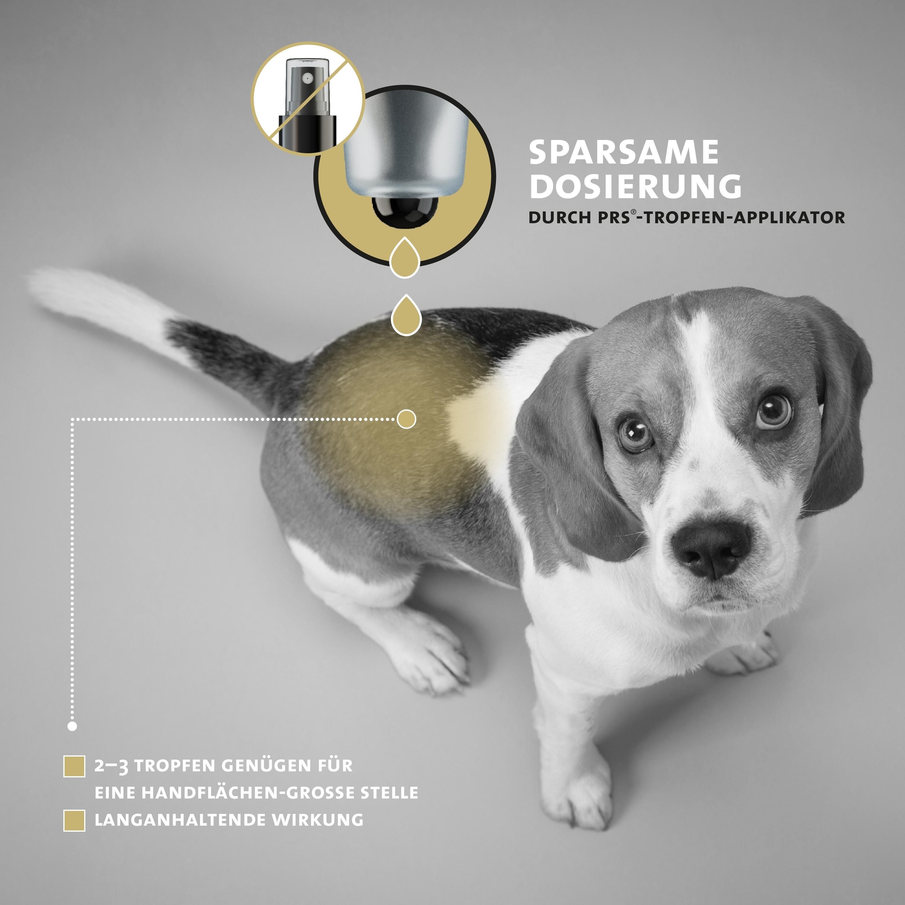 Cane con applicatore. Testo: Dosaggio economico tramite applicatore PRS. 2-3 gocce sono sufficienti.