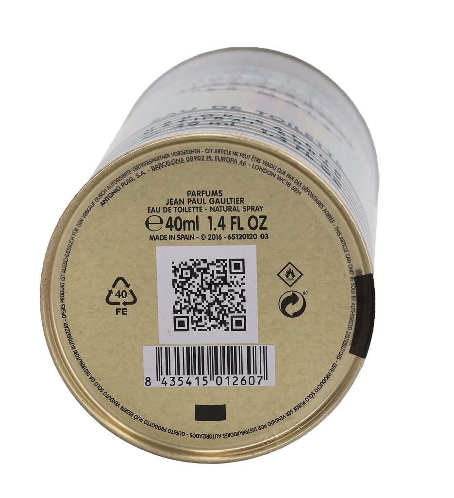 Fondo della latta con informazioni sul prodotto, codice QR e codice a barre. Scritta: Jean Paul Gaultier, Eau de Toilette.
