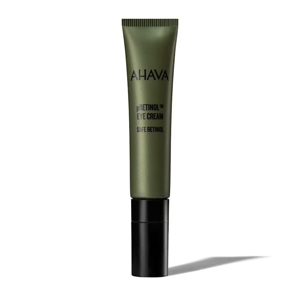 Crema contorno occhi antirughe AHAVA in un tubo verde con tappo nero.