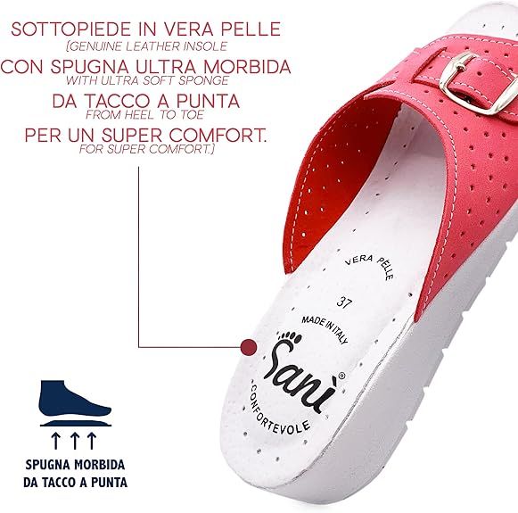 Primo piano della soletta di un sandalo rosso. Vera pelle, marchio Sanì, taglia 37.