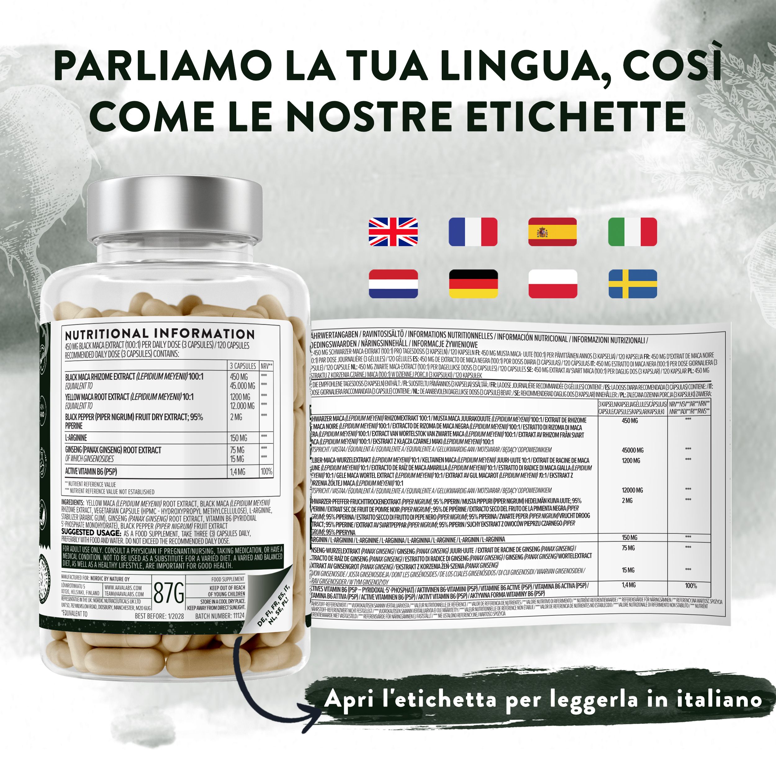 Flacone con capsule e testo. Diverse bandiere. Informazioni in più lingue.
