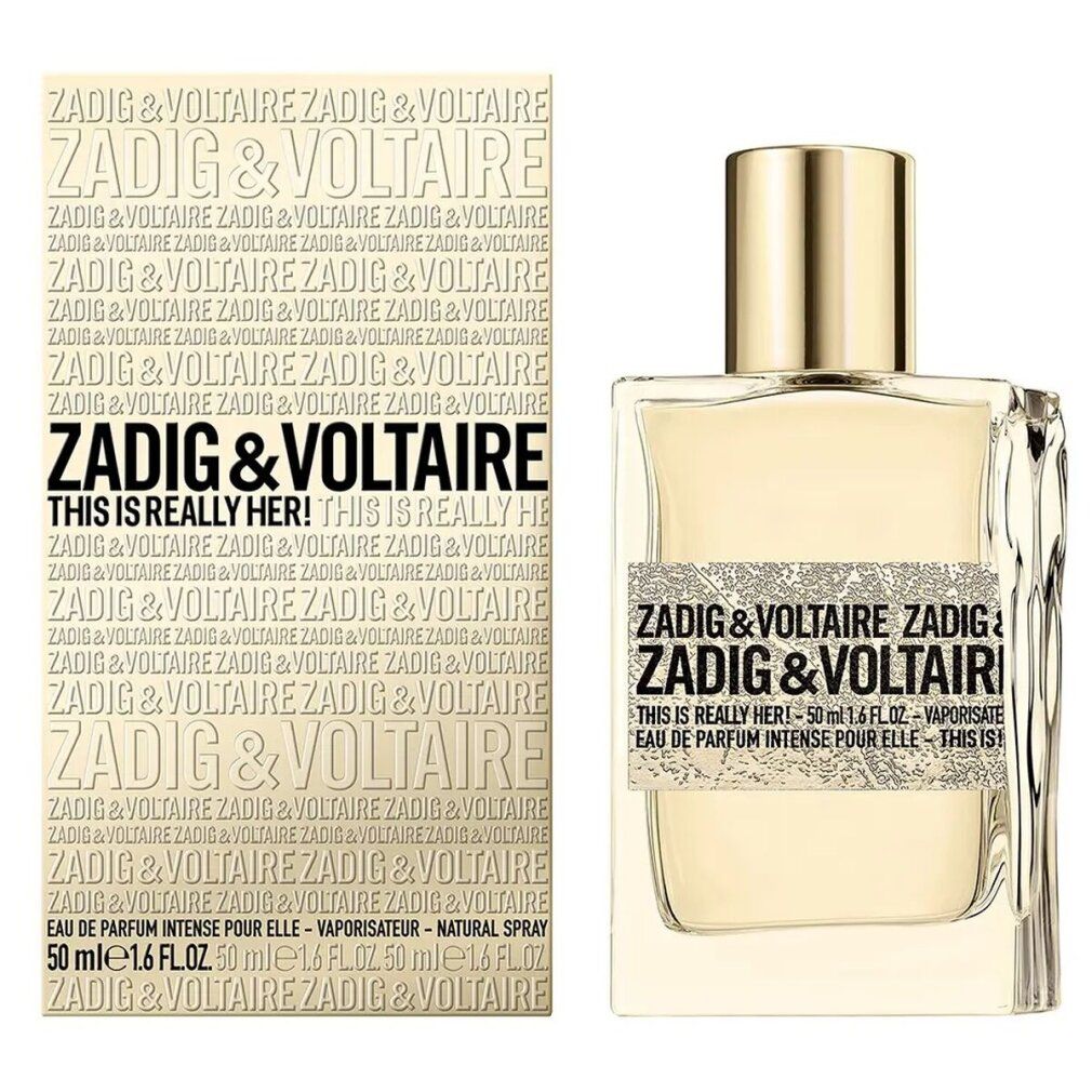 Flacone di profumo e confezione. Flacone con tappo dorato ed etichetta. Confezione con logo e testo. Entrambi con Zadig & Voltaire.