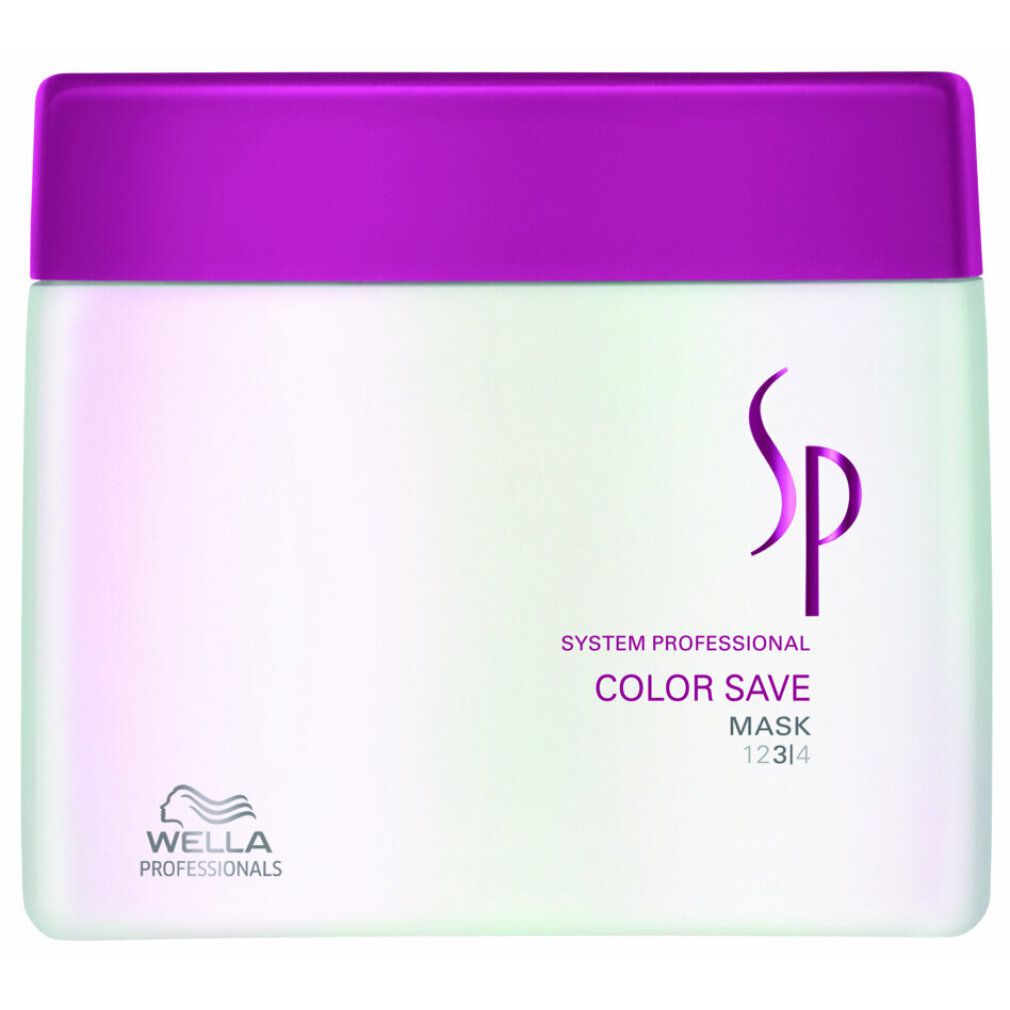 Vaso bianco con coperchio viola. Scritta: Color Save Mask, logo SP, Wella Professionals.