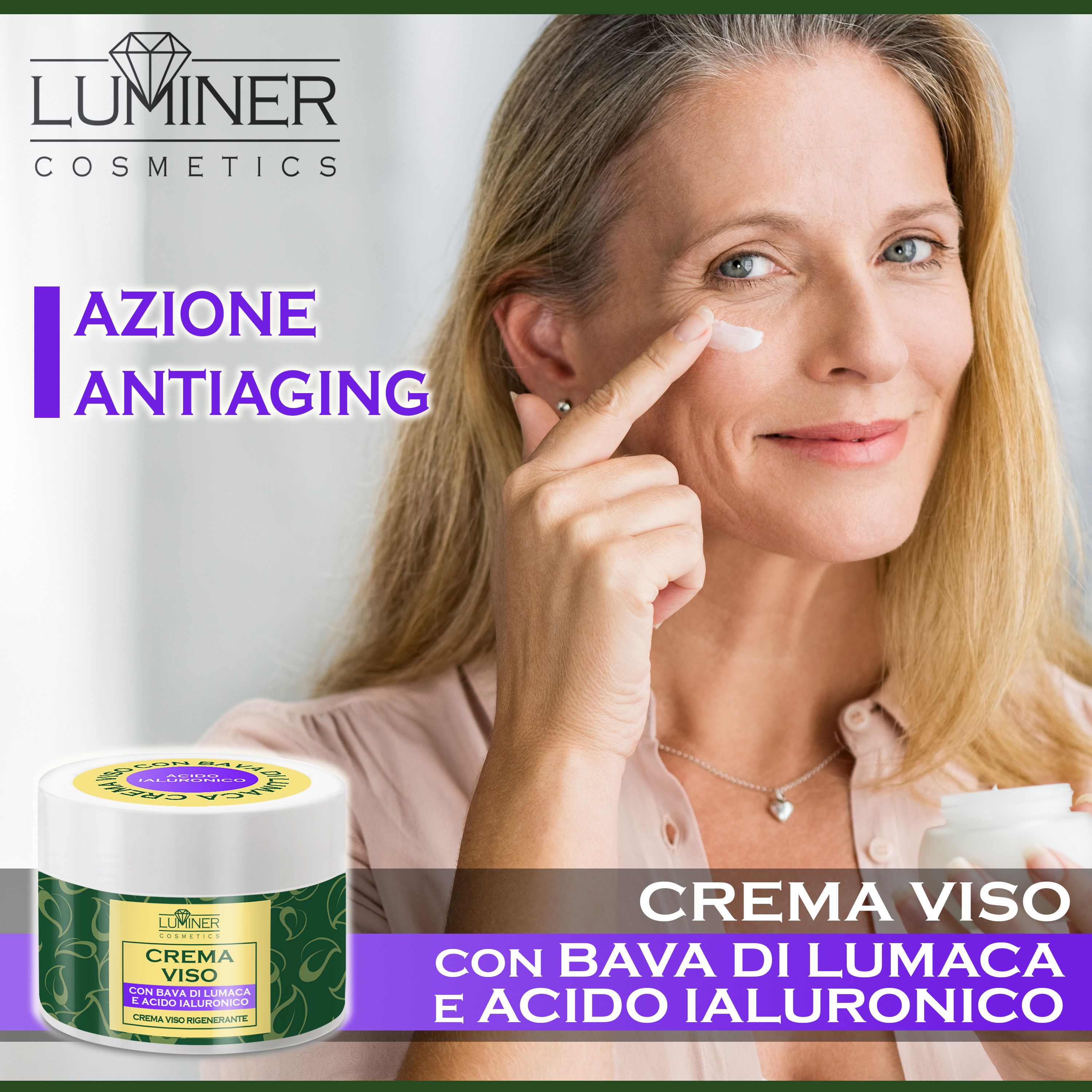 Donna applica crema viso, con vasetto e testo "Azione anti-aging".