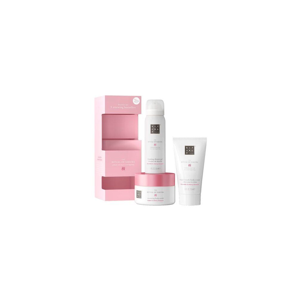 Set regalo Rituals con schiuma da doccia, crema corpo e scrub corpo in confezione rosa.