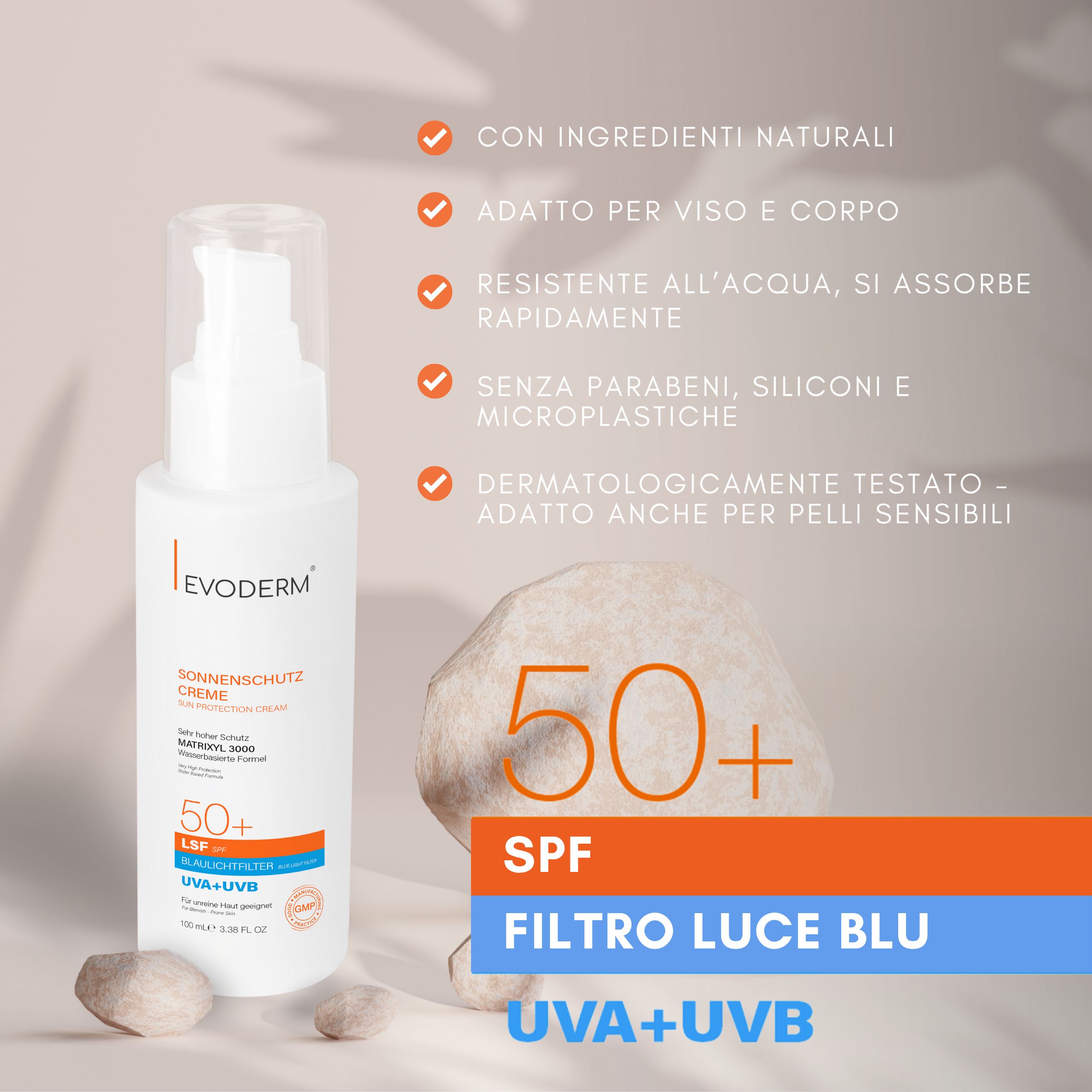 Flacone di crema solare, SPF 50+, UVA+UVB, filtro luce blu. Adatto per viso e corpo.