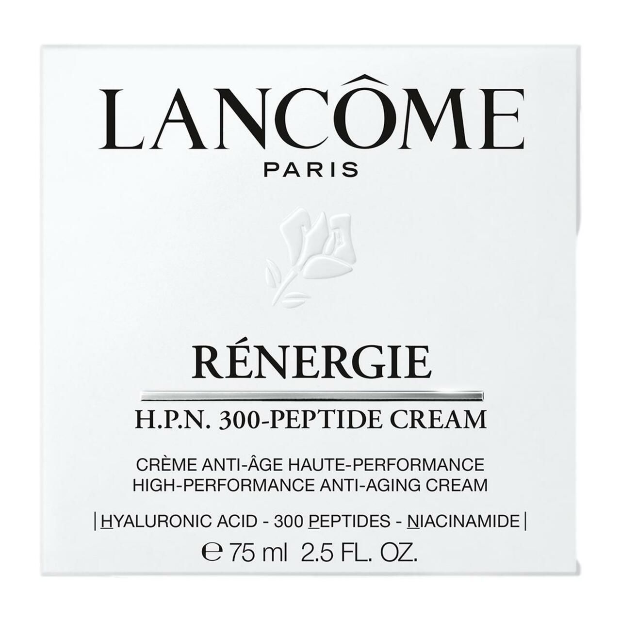 Confezione bianca con logo Lancôme e scritta Rénergie H.P.N. 300-Peptide Cream. Contiene acido ialuronico, peptidi, niacinamide.
