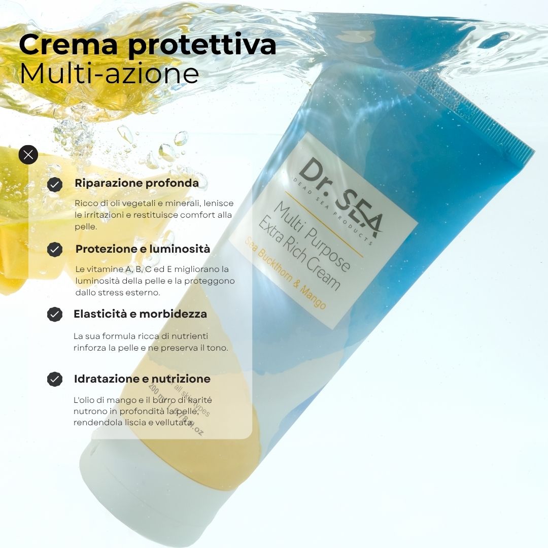 Tubo DR. SEA Multi Purpose Extra Rich Cream, Mango. In acqua. Testo con vantaggi: riparazione profonda, protezione, elasticità, idratazione.