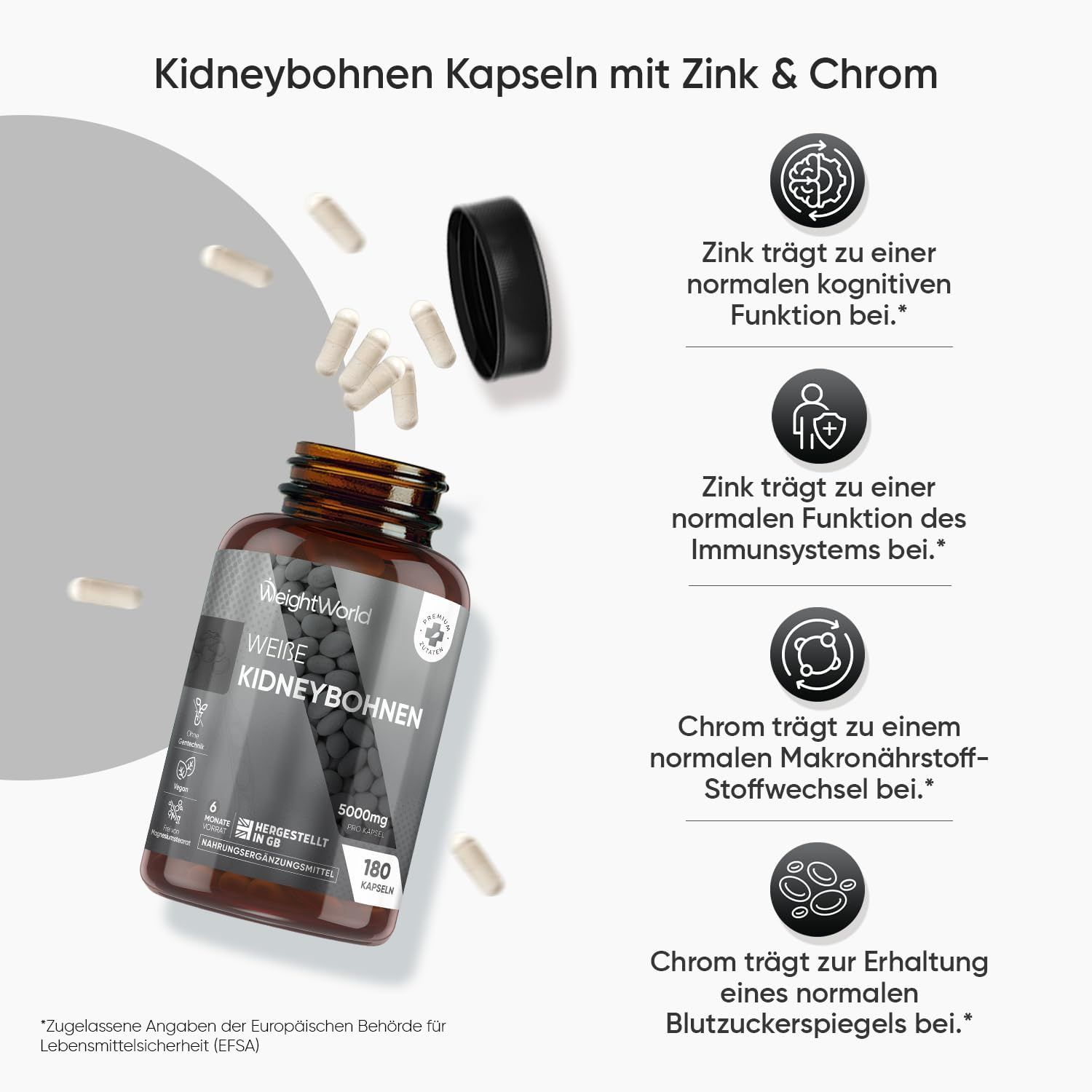 Flacone marrone con capsule, capsule accanto. Testo: Kidneybohnen Kapseln mit Zink & Chrom, effetti.