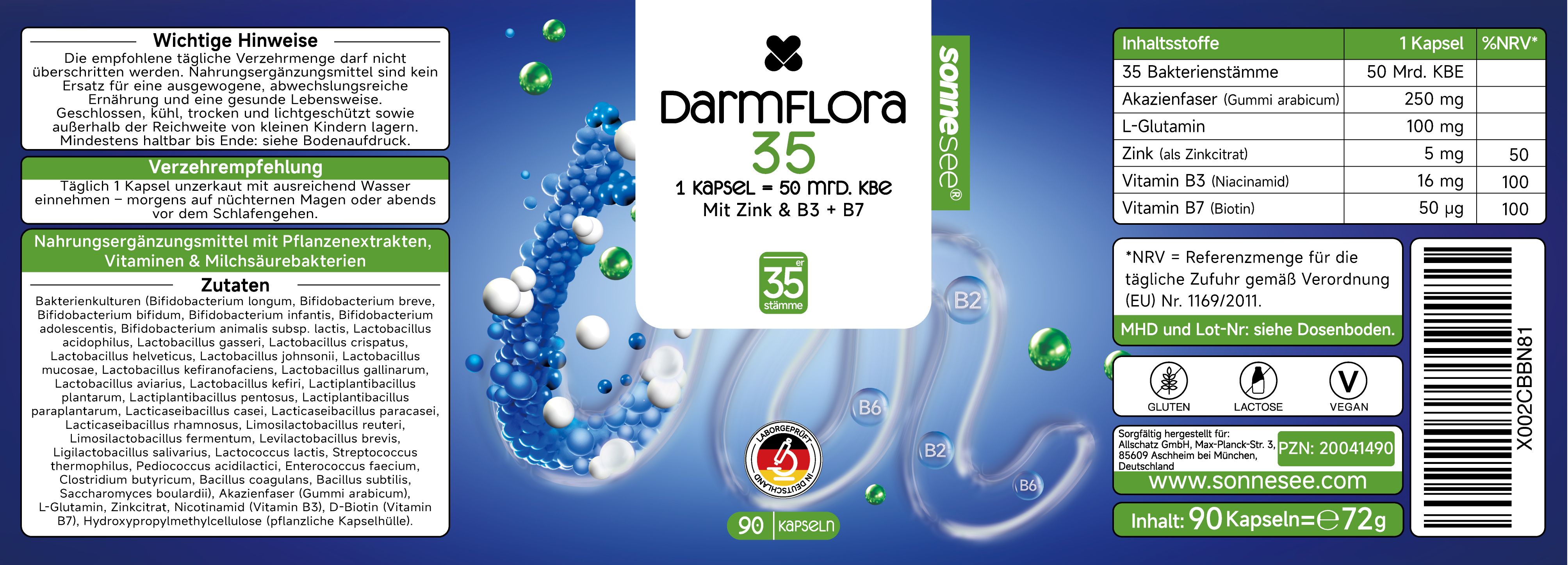Confezione di capsule DarmFlora 35 con 35 ceppi batterici, inclusi zinco e vitamine B.
