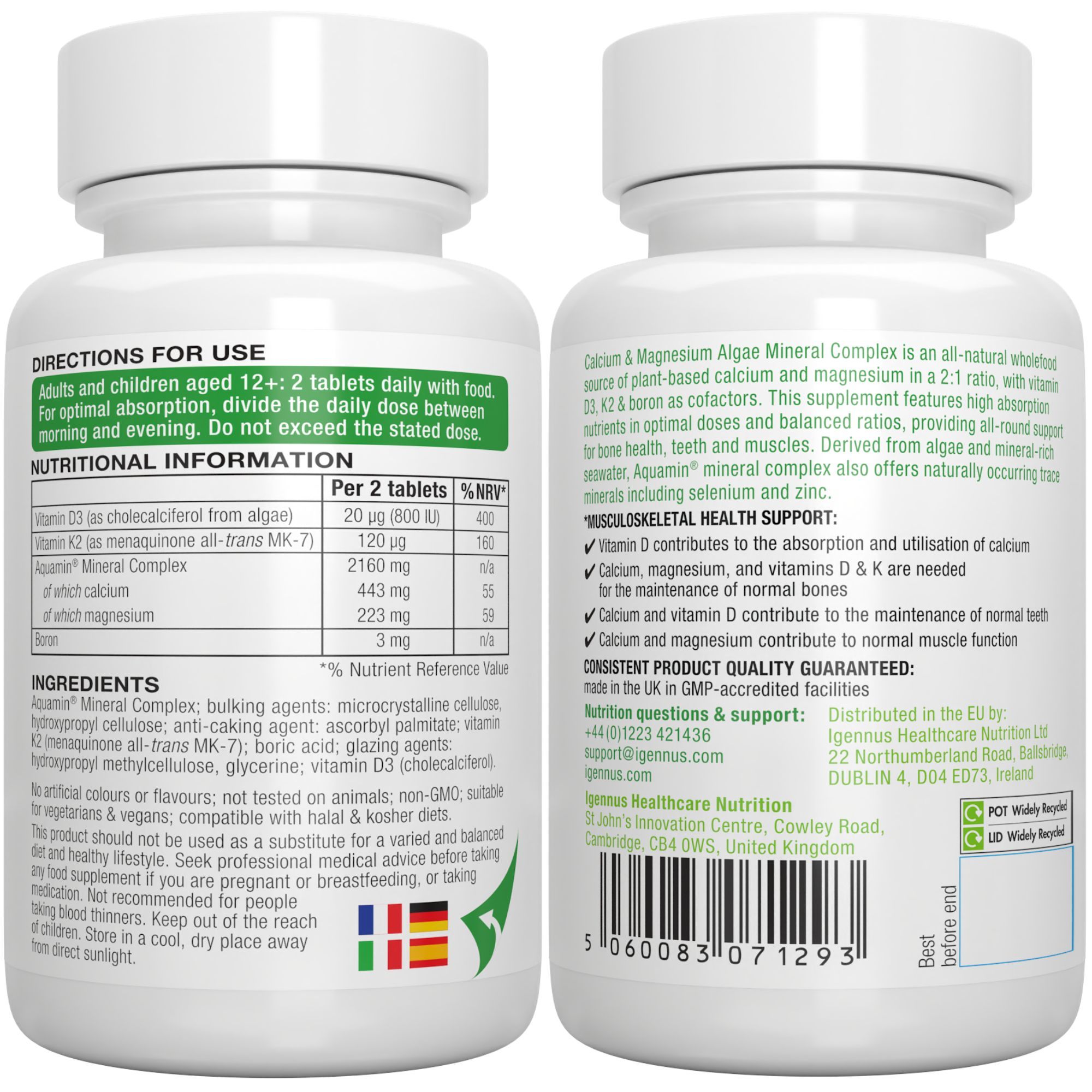 Retro di un flacone Igennus Calcium & Magnesium con informazioni nutrizionali e istruzioni per l'uso.